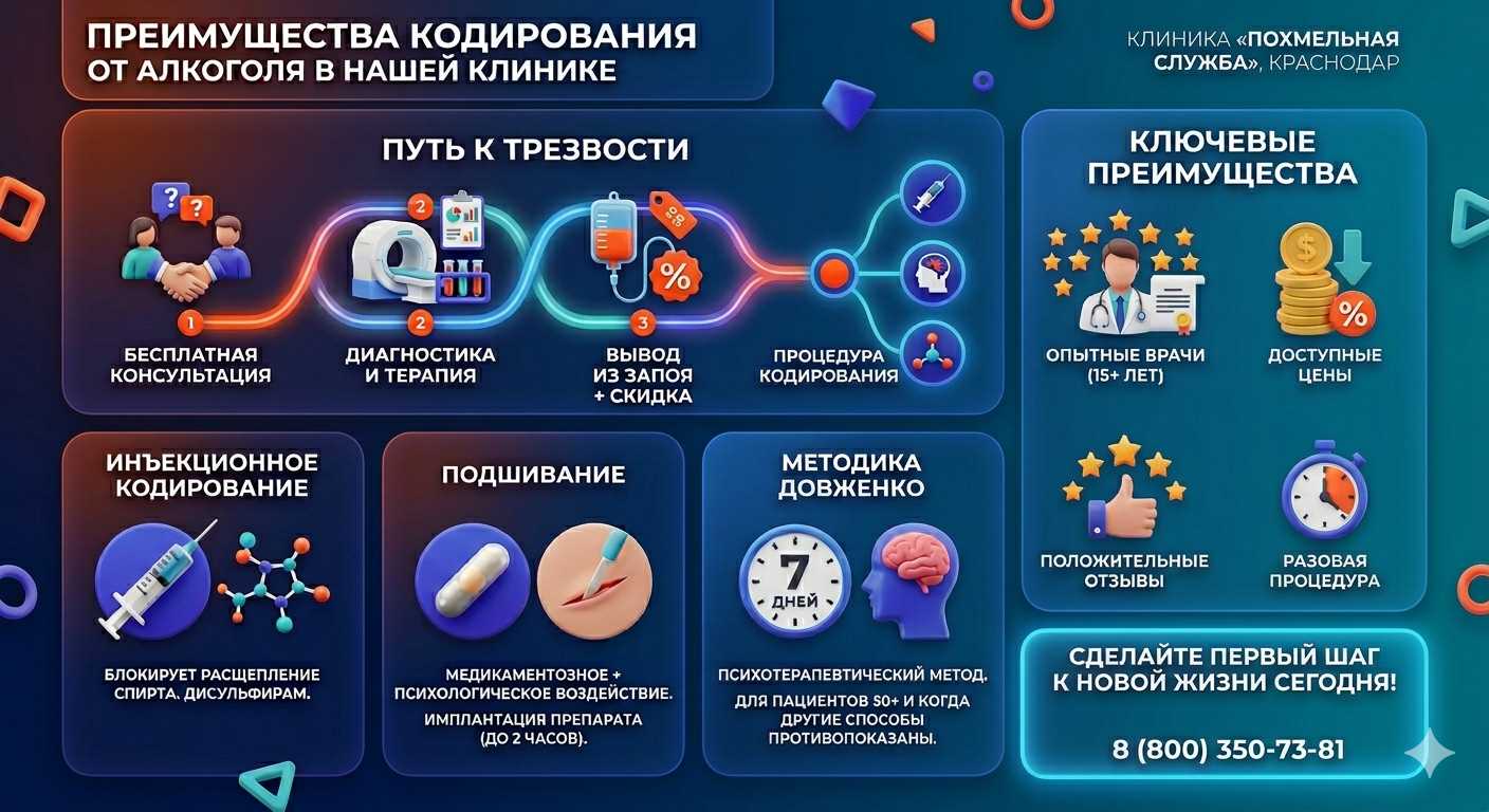 Инфографика о методах кодирования от алкоголя в Заволжске: инъекции, подшивание, метод Довженко. Преимущества клиники и этапы лечения.